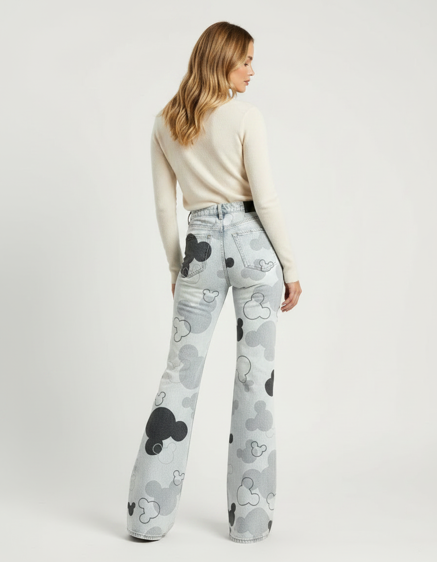 Pantalon Patte D'Éléphant Imprimé Mickey Délavé Taille Haute - Jean - vue 2