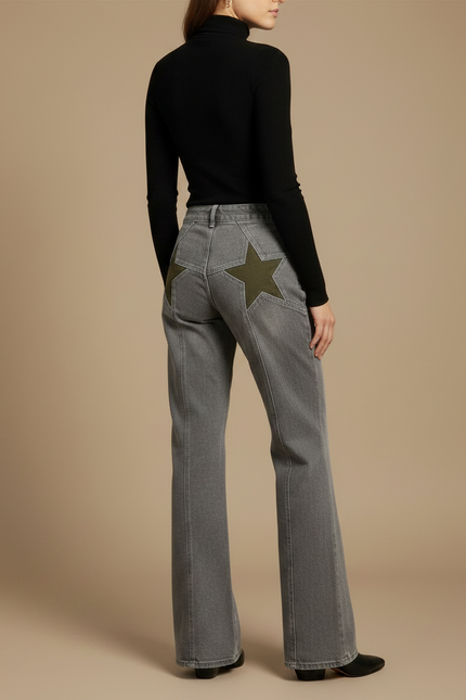 Pantalon Patte D'Éléphant Jean Gris Étoile Vert Ample - vue 2