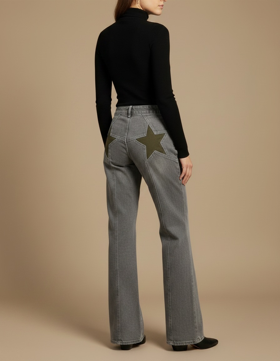 Pantalon Patte D'Éléphant Jean Gris Étoile Vert Ample - vue 2