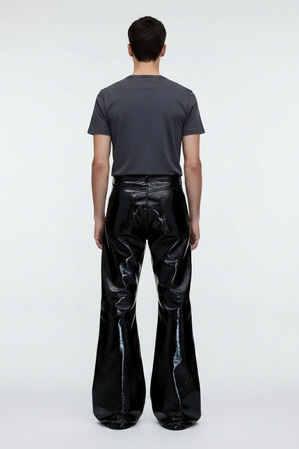 Pantalon Patte D'Éléphant Noir Brillant Cuir Évasé Homme - vue 2