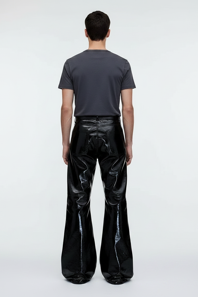 Pantalon Patte D'Éléphant Noir Brillant Cuir Évasé Homme - vue 2