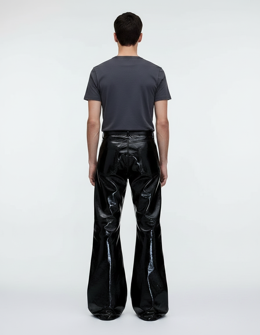 Pantalon Patte D'Éléphant Noir Brillant Cuir Évasé Homme - vue 2