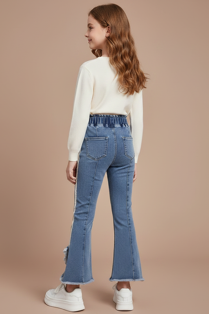 Pantalon Patte D'Éléphant Denim Bleu Franges Dentelle Fille - Jean - vue 2