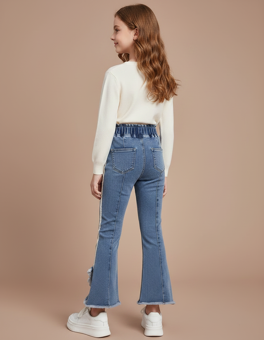 Pantalon Patte D'Éléphant Denim Bleu Franges Dentelle Fille - Jean - vue 2