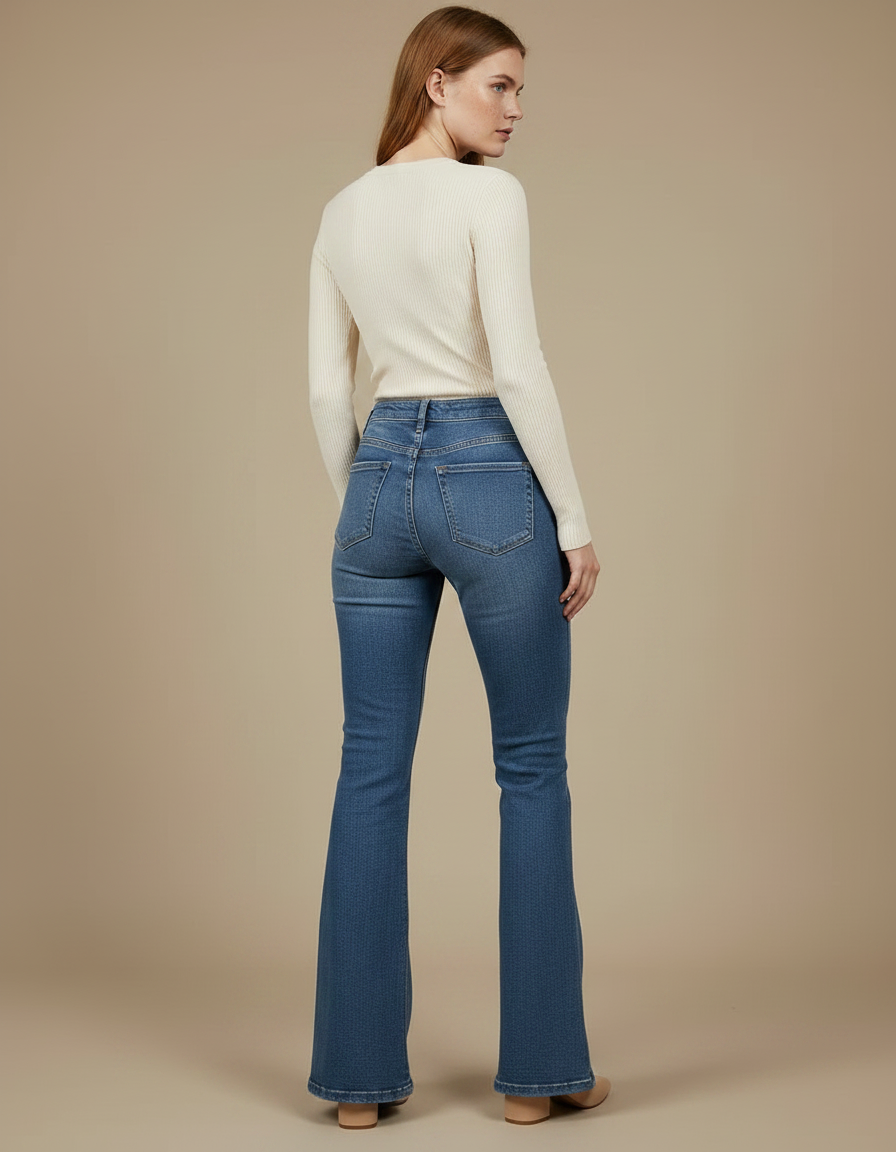 Pantalon Patte D'Éléphant Jean Bleu Taille Haute Délavé - vue 2