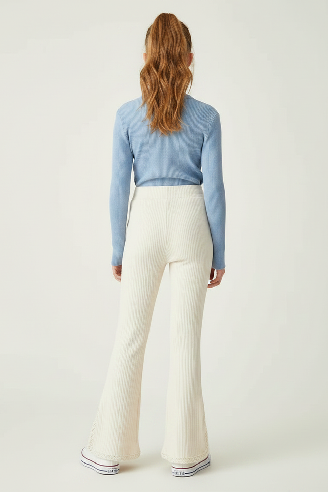 Pantalon Patte D'Éléphant Côtelé Écru Évasé Dentelle Enfant - Beige Maille - vue 2