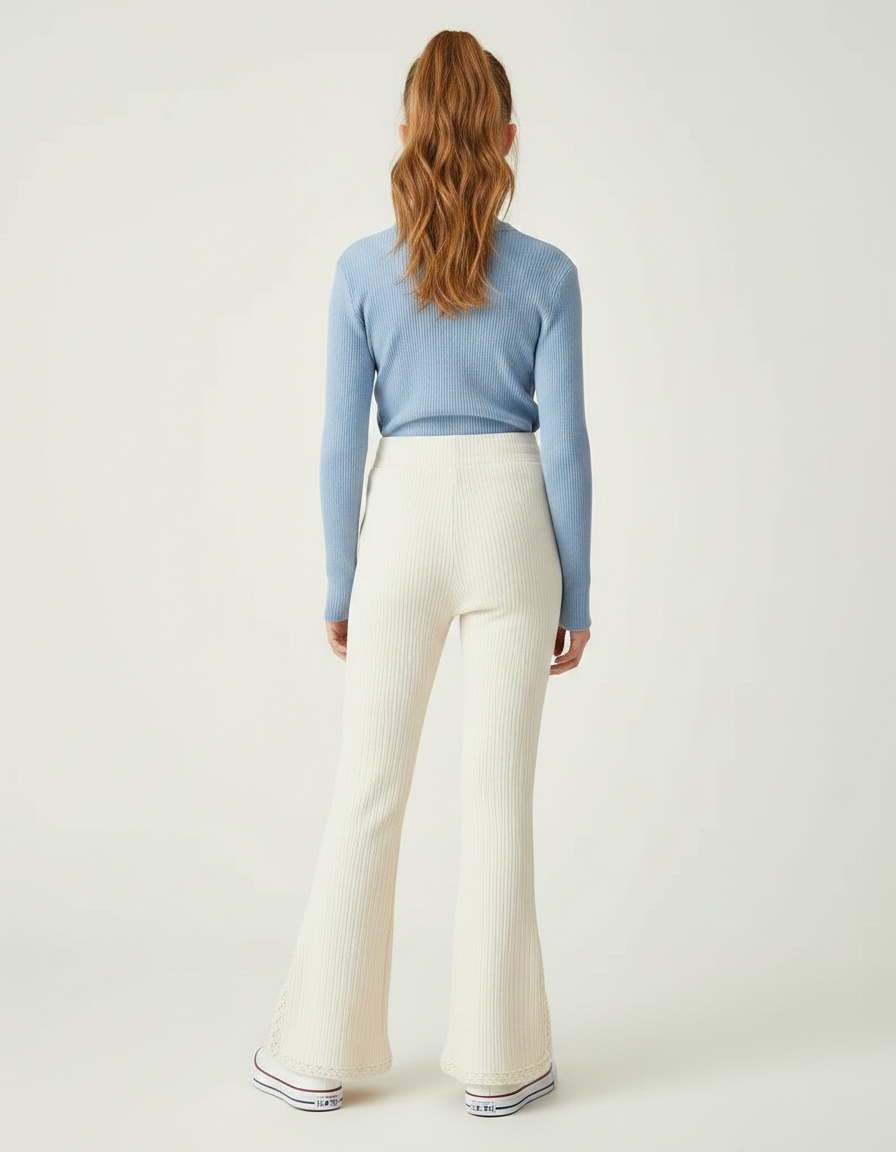 Pantalon Patte D'Éléphant Côtelé Écru Évasé Dentelle Enfant - Beige Maille - vue 2