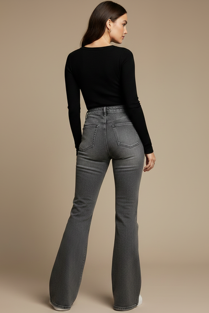 Pantalon Patte D'Éléphant Gris Délavé Déchiré Taille Haute Denim - Jean - vue 2