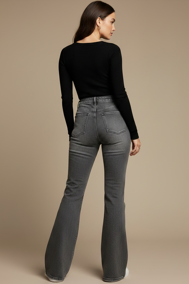 Pantalon Patte D'Éléphant Gris Délavé Déchiré Taille Haute Denim - Jean - vue 2