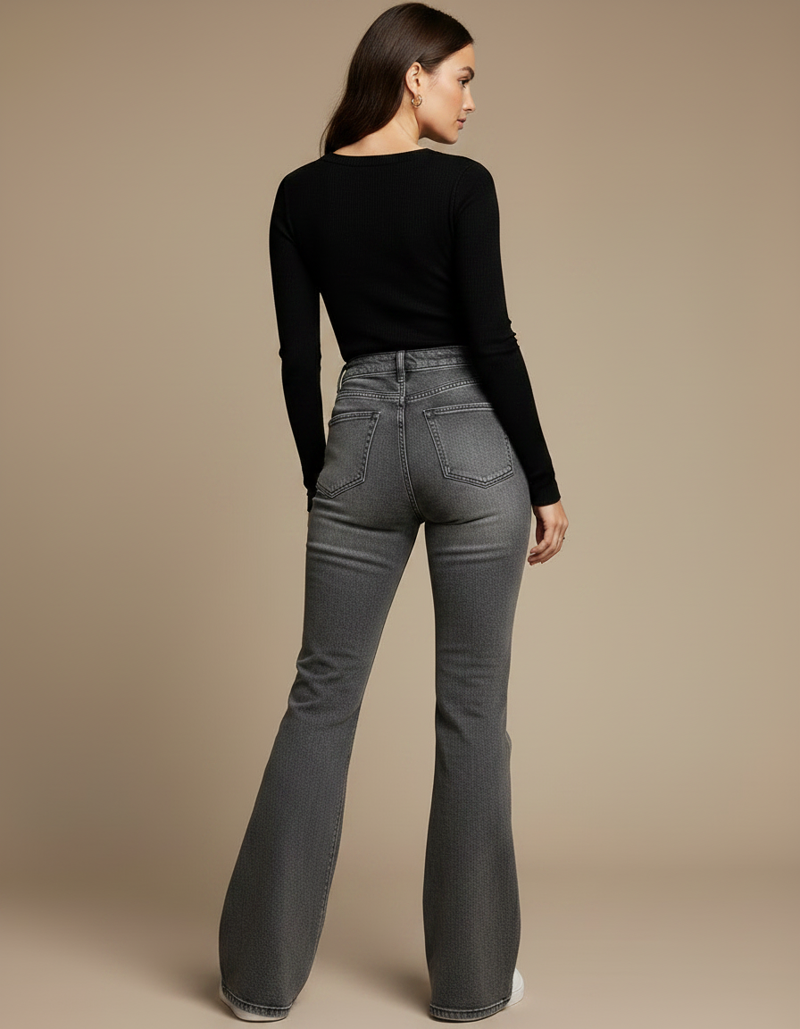 Pantalon Patte D'Éléphant Gris Délavé Déchiré Taille Haute Denim - Jean - vue 2