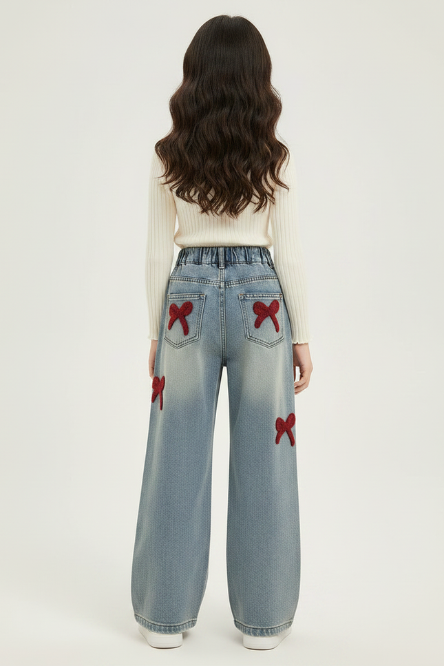 Pantalon Patte D'Éléphant Denim Bleu Nœuds Rouges Fille - Jean - vue 2