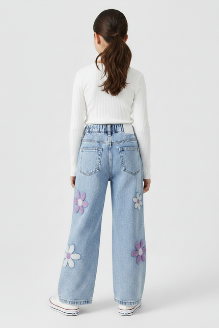 Pantalon Patte D'Éléphant Denim Fleuri Ample Enfant Décontracté - Bleu Jean - vue 2