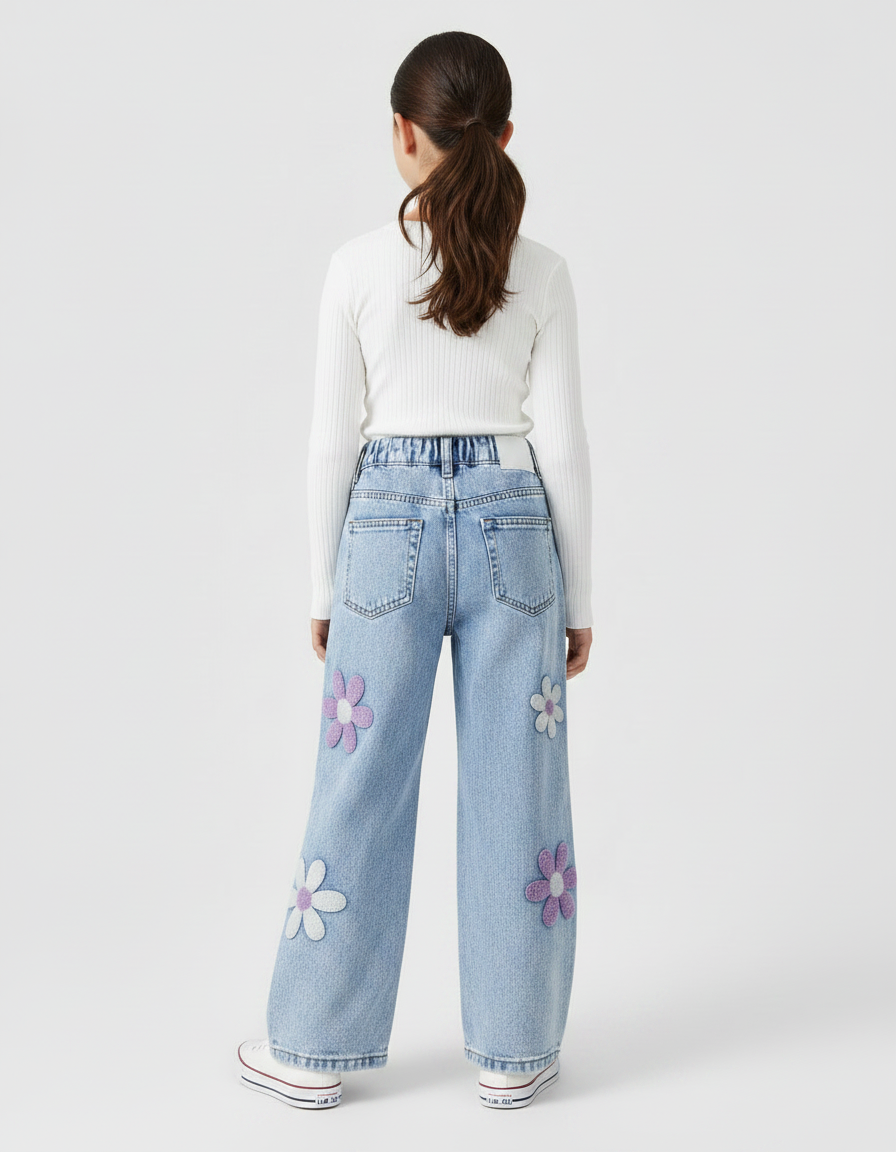 Pantalon Patte D'Éléphant Denim Fleuri Ample Enfant Décontracté - Bleu Jean - vue 2
