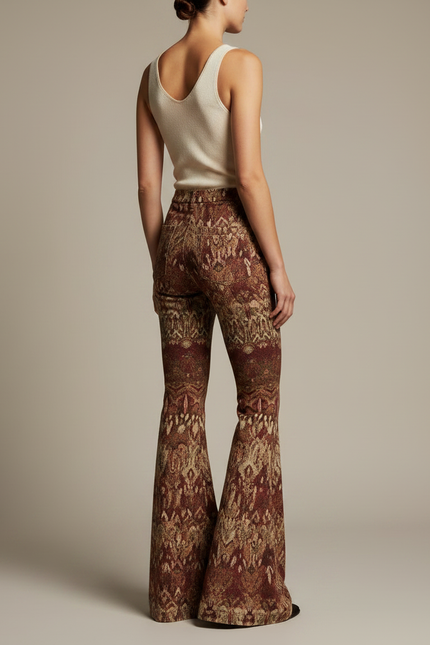 Pantalon Patte D'Éléphant Imprimé Ethnique Marron Vintage Évasé Femme - Laine - vue 2