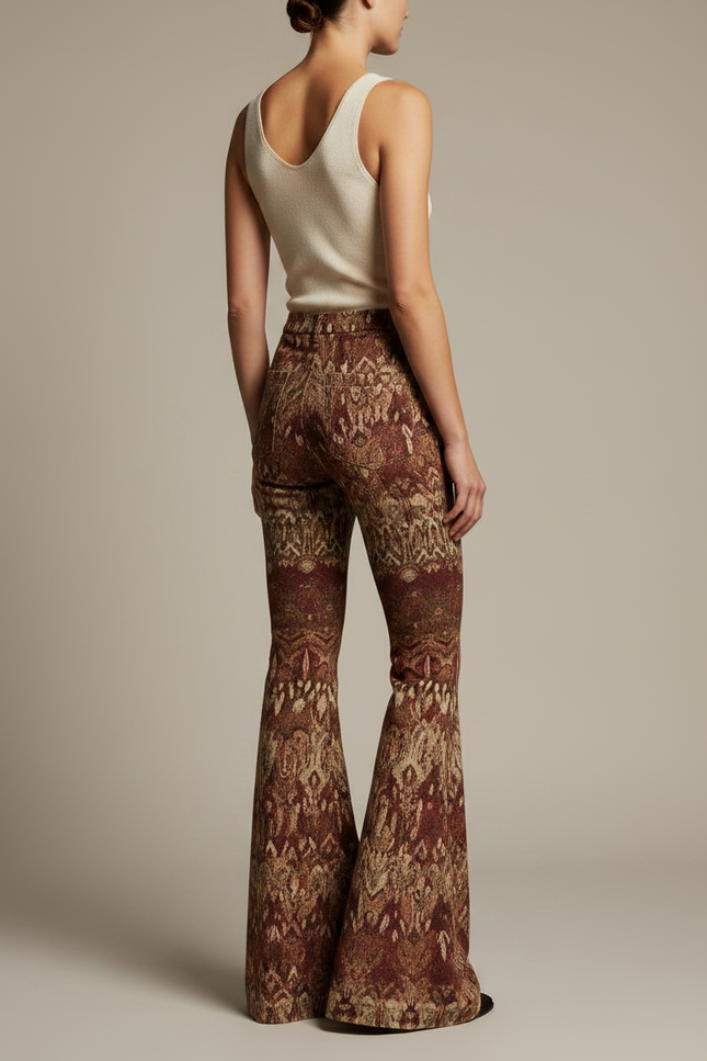 Pantalon Patte D'Éléphant Imprimé Ethnique Marron Vintage Évasé Femme - Laine - vue 2