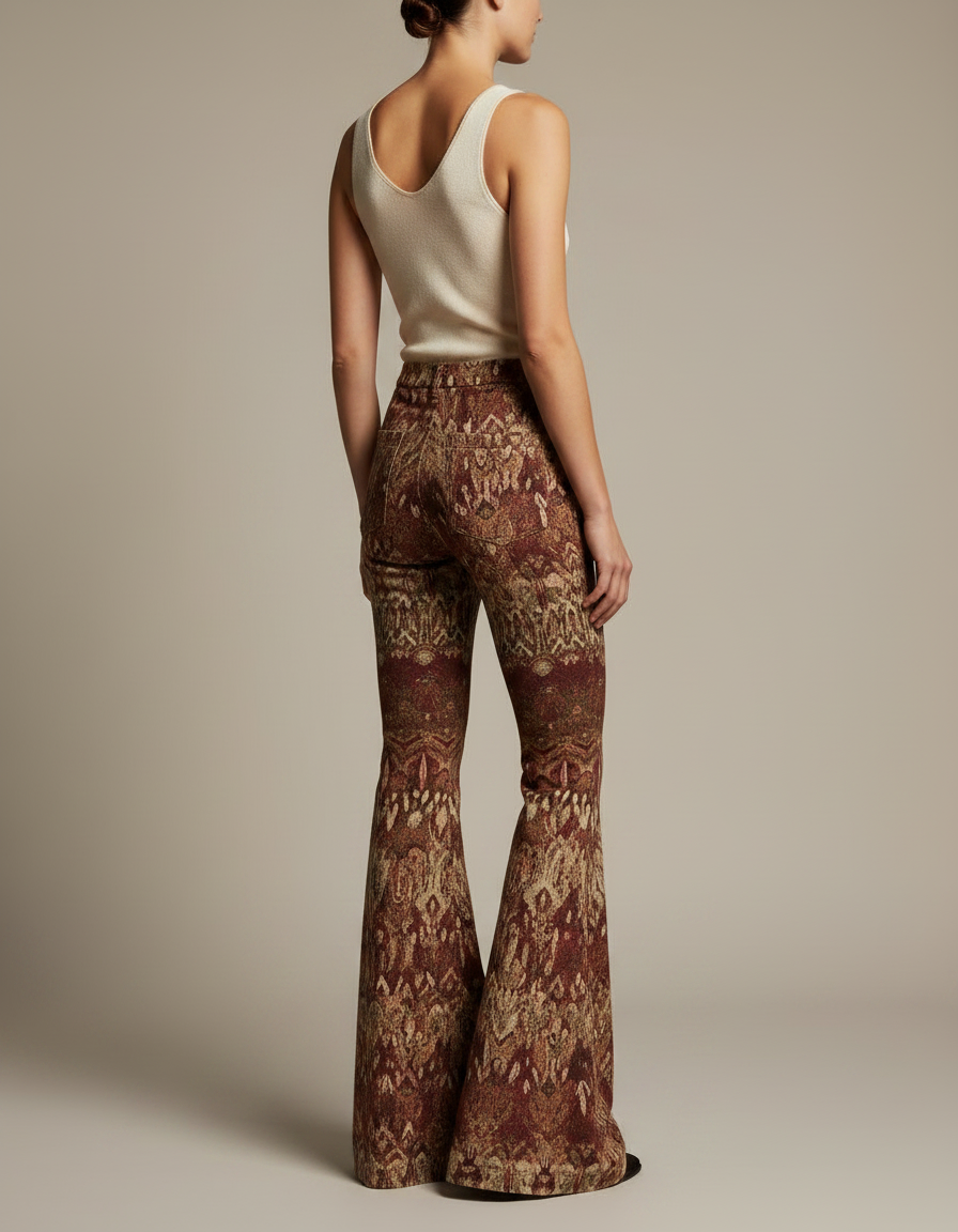 Pantalon Patte D'Éléphant Imprimé Ethnique Marron Vintage Évasé Femme - Laine - vue 2