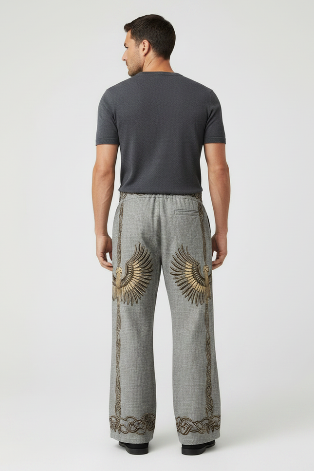 Pantalon Patte D'Éléphant Gris Brodé Ethnique Ample Homme - Lin - vue 2
