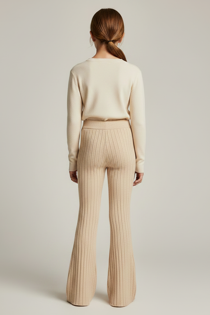 Pantalon Patte D'Éléphant Beige Tricot Côtelé Évasé Confortable - Maille - vue 2