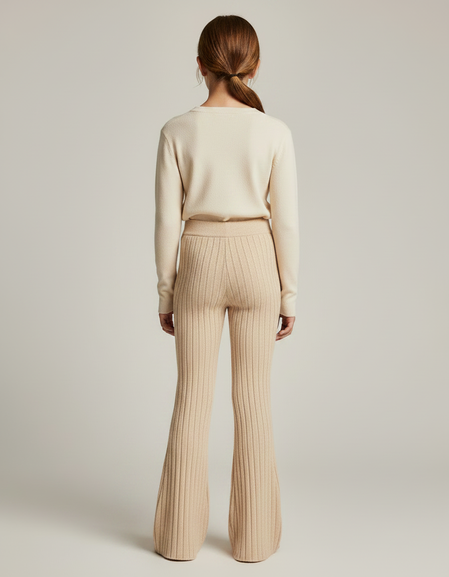 Pantalon Patte D'Éléphant Beige Tricot Côtelé Évasé Confortable - Maille - vue 2