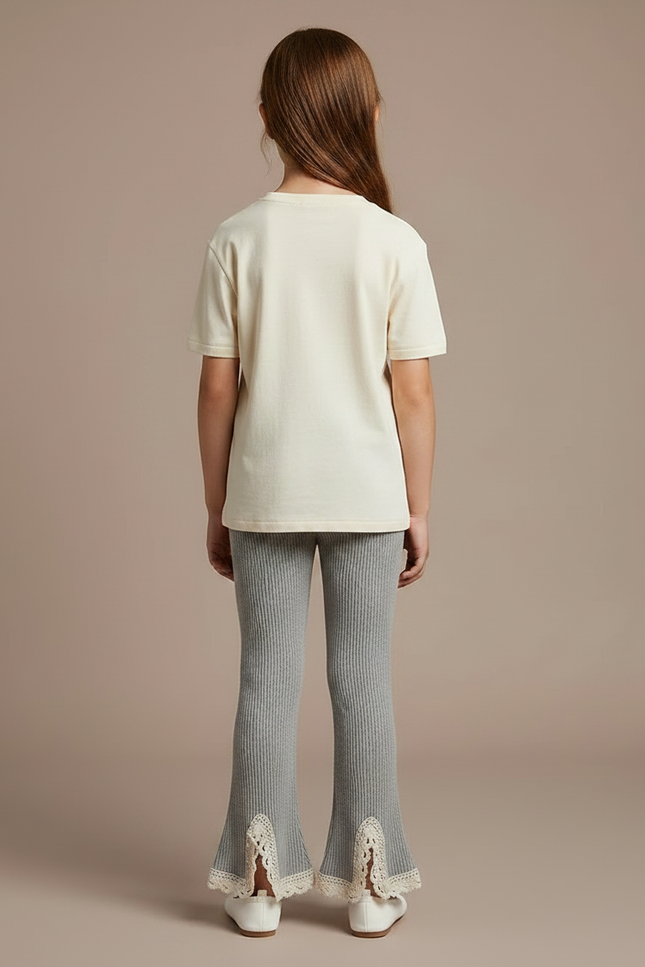 Pantalon Patte D'Éléphant Côtelé Gris Évasé Dentelle Fille - Maille - vue 2