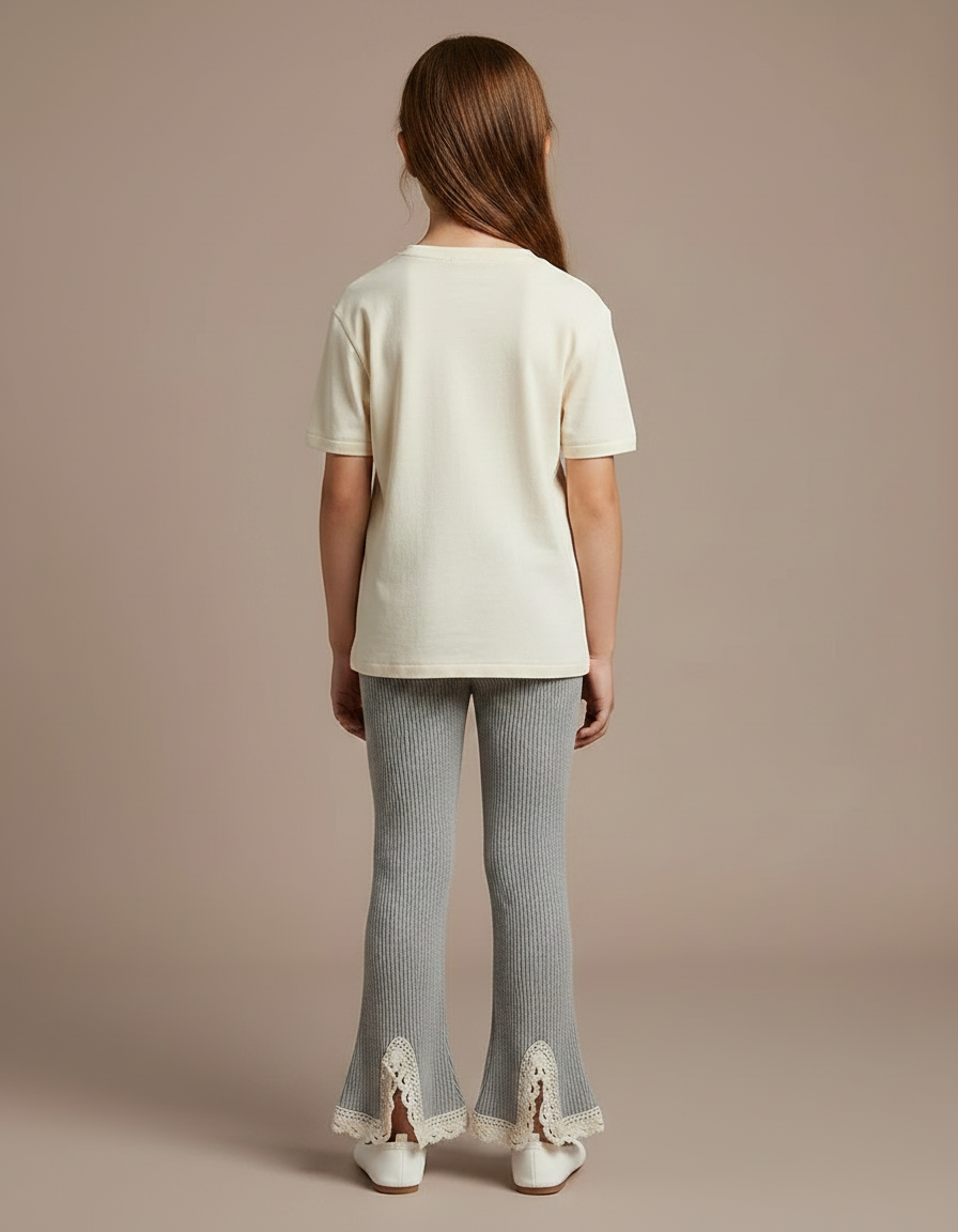 Pantalon Patte D'Éléphant Côtelé Gris Évasé Dentelle Fille - Maille - vue 2