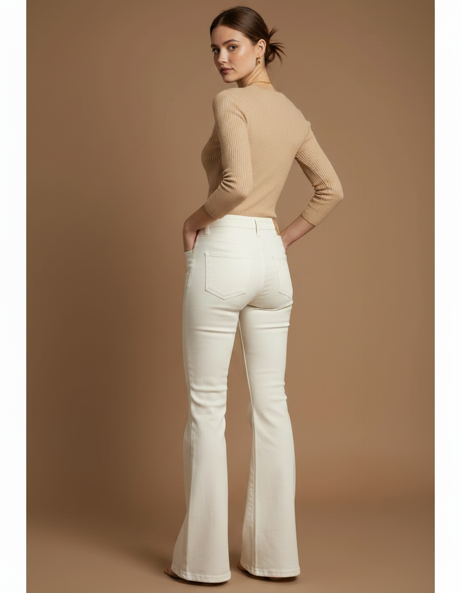 Pantalon Patte D'Éléphant Blanc Cassé Taille Haute Évasé Chic - Jean - vue 2