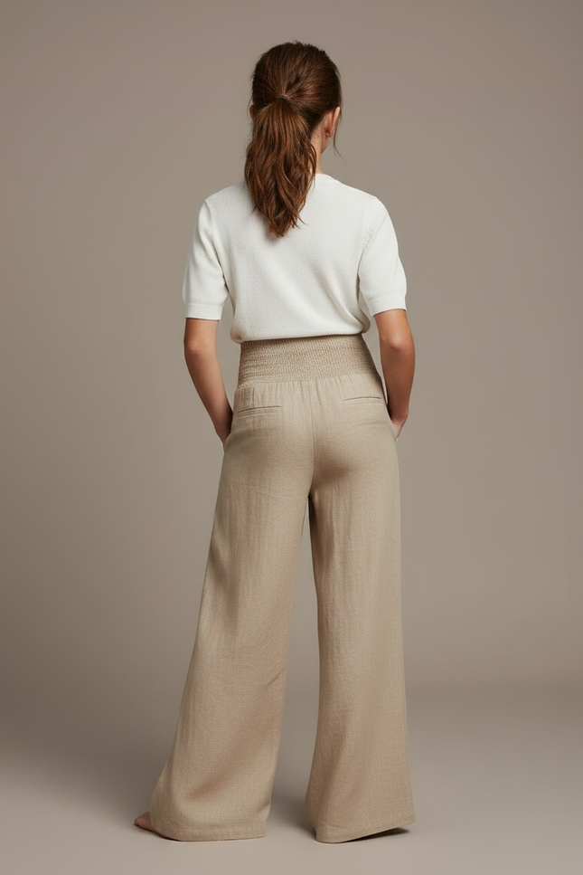 Pantalon Patte D'Éléphant Beige Ample Taille Smockée Enfant - Lin - vue 2