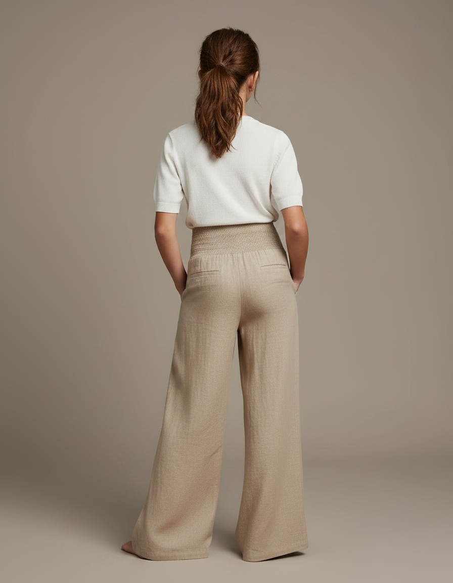 Pantalon Patte D'Éléphant Beige Ample Taille Smockée Enfant - Lin - vue 2