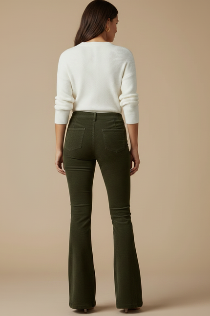 Pantalon Patte D'Éléphant Vert Olive Côtelé Taille Haute - Kaki Cordé - vue 2