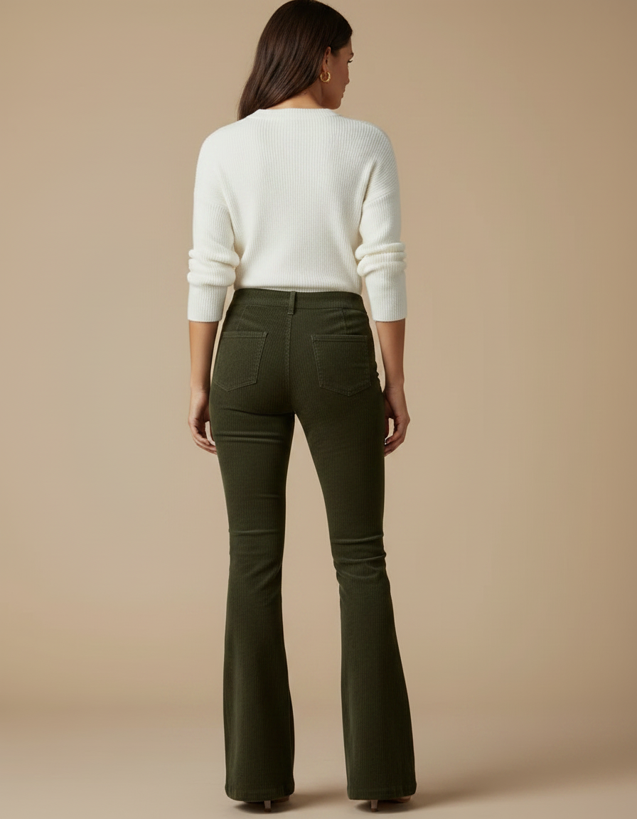 Pantalon Patte D'Éléphant Vert Olive Côtelé Taille Haute - Kaki Cordé - vue 2