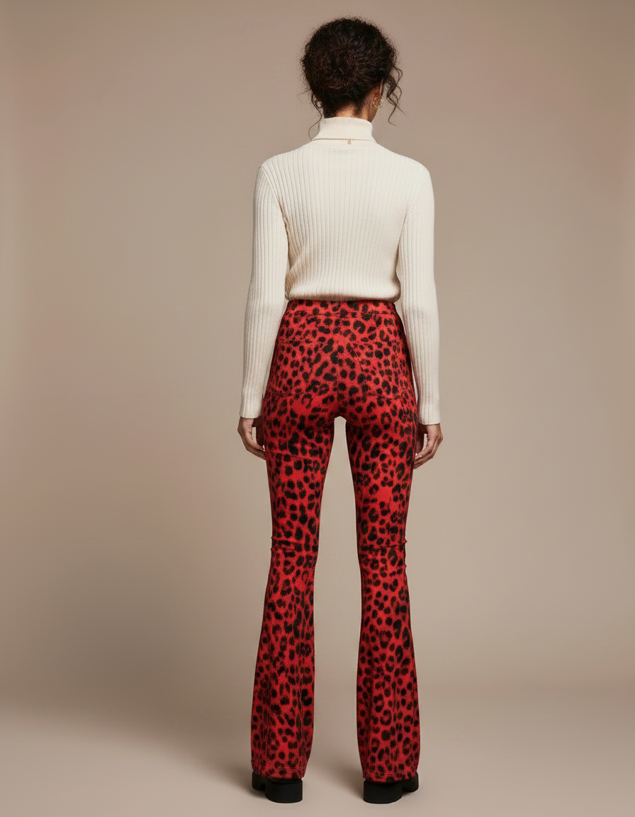 Pantalon Patte D'Éléphant Léopard Rouge Taille Haute Évasé - Maille - vue 2