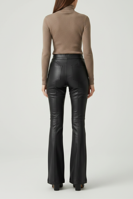Pantalon Patte D'Éléphant Noir Simili Cuir Taille Haute Élégant - vue 2