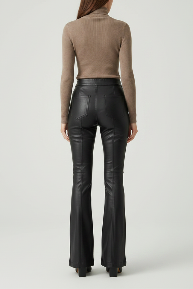 Pantalon Patte D'Éléphant Noir Simili Cuir Taille Haute Élégant - vue 2