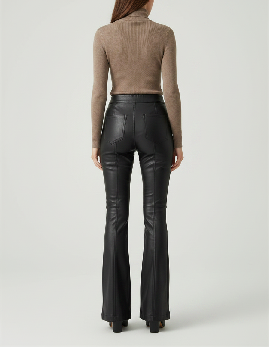 Pantalon Patte D'Éléphant Noir Simili Cuir Taille Haute Élégant - vue 2