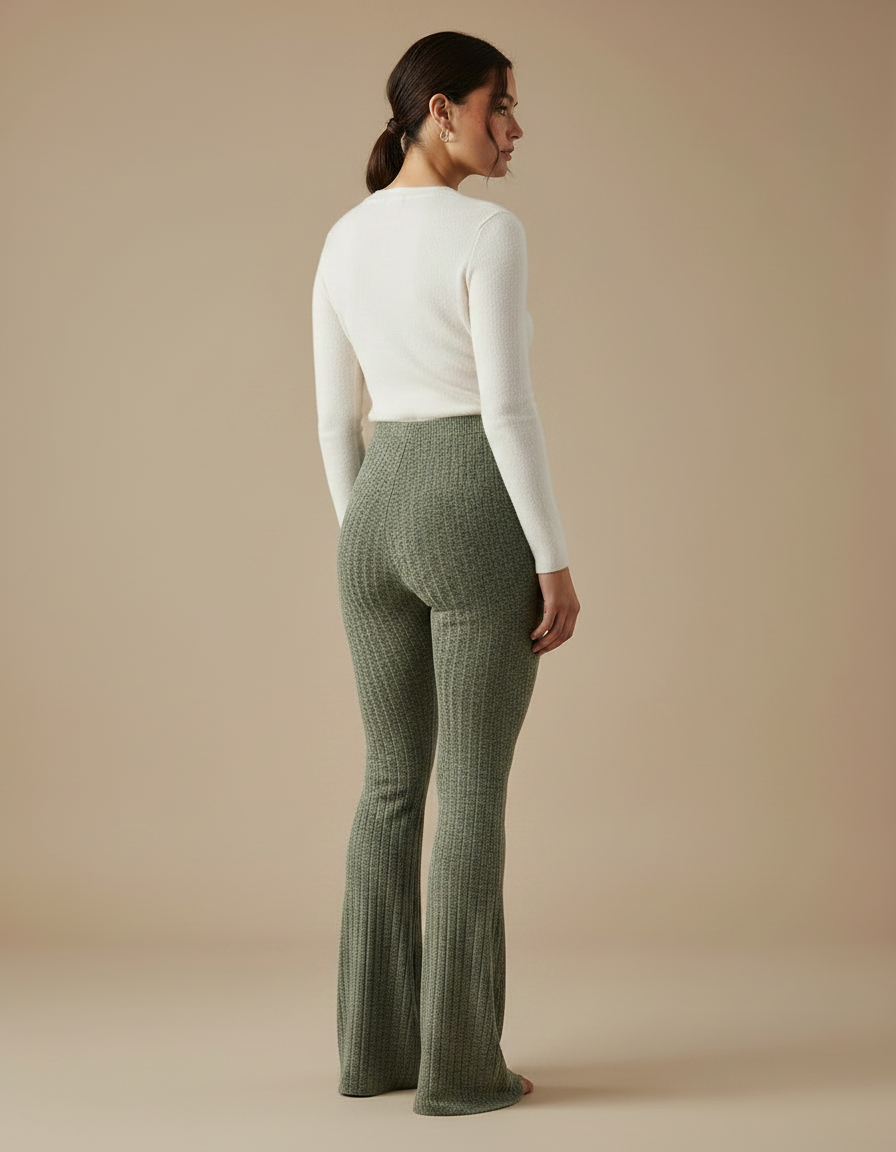 Pantalon Patte D'Éléphant Côtelé Vert Kaki Confortable Stretch - Maille - vue 2