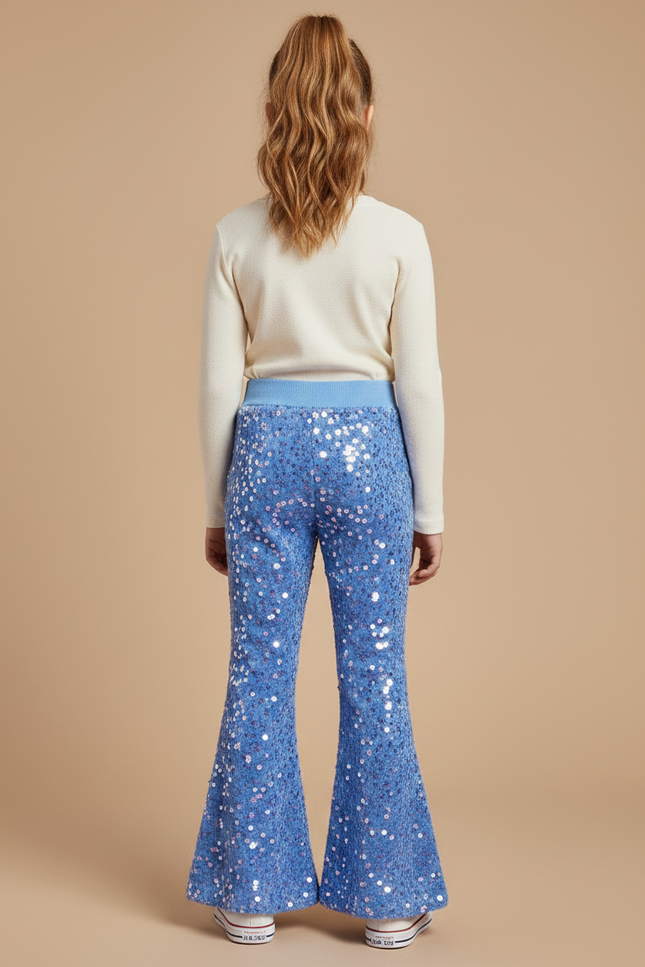 Pantalon Patte D'Éléphant Bleu Pailleté Évasé Confortable Fille - Maille - vue 2