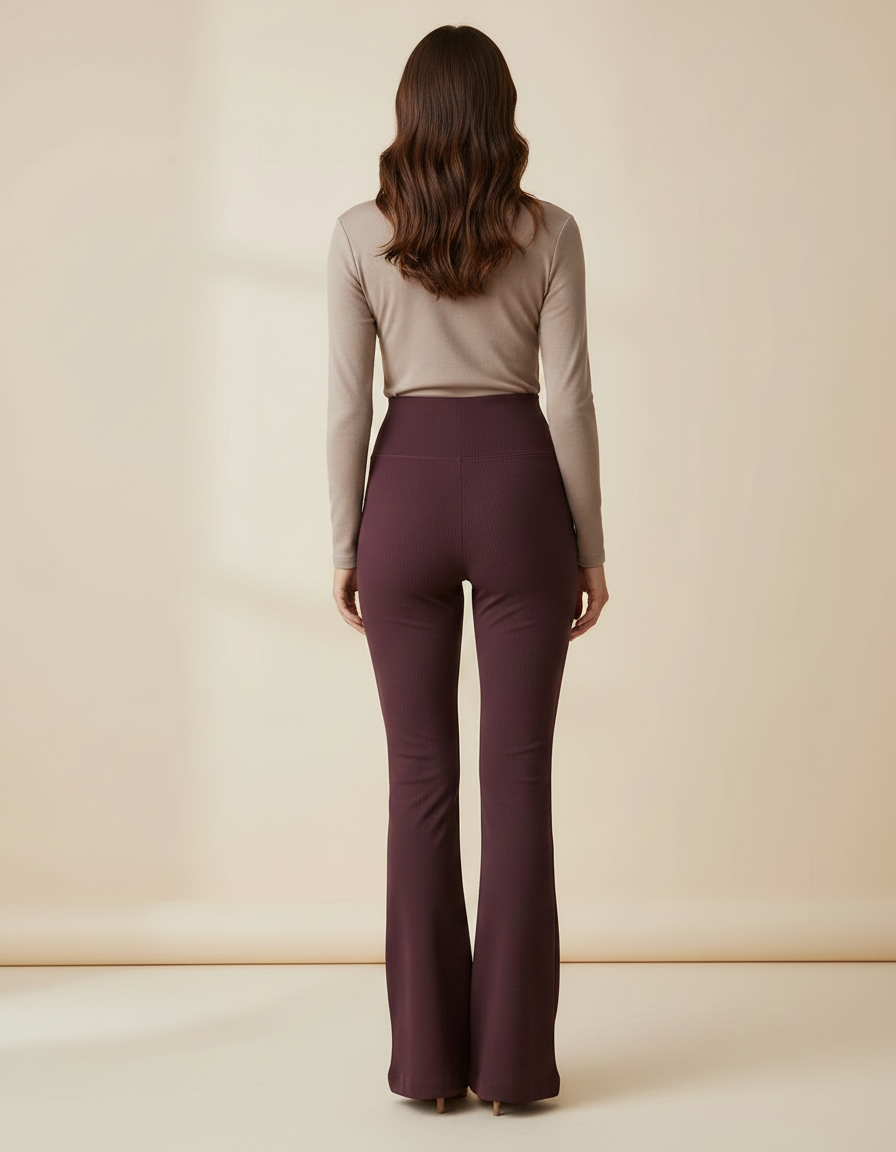 Pantalon Patte D'Éléphant Côtelé Bordeaux Taille Haute Évasé - Maille - vue 2