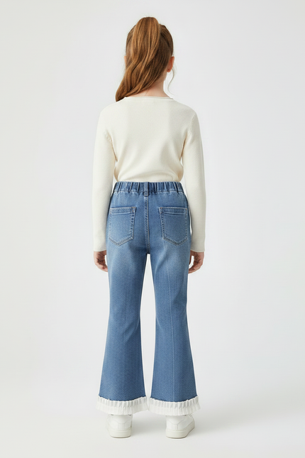 Pantalon Patte D'Éléphant Denim Bleu Nœuds Brodés Fille - Jean - vue 2