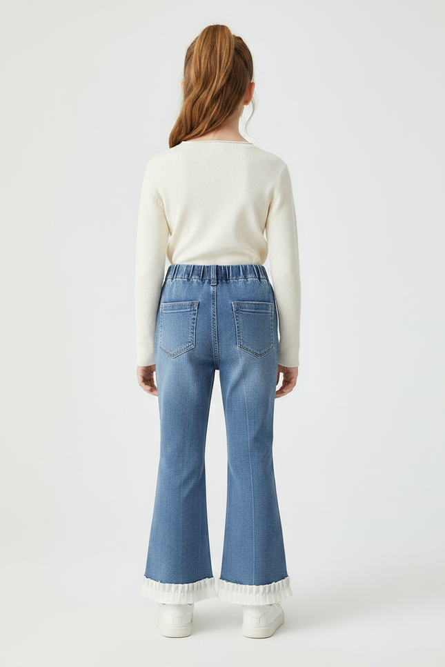Pantalon Patte D'Éléphant Denim Bleu Nœuds Brodés Fille - Jean - vue 2