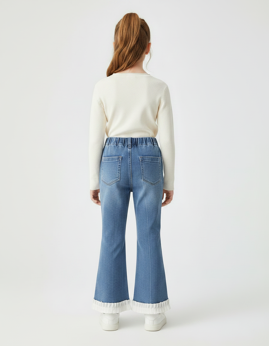 Pantalon Patte D'Éléphant Denim Bleu Nœuds Brodés Fille - Jean - vue 2