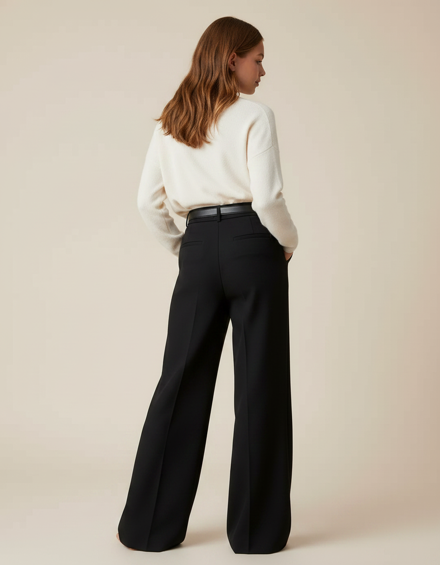 Pantalon Patte D'Éléphant Noir Plissé Taille Haute Élégant - Gabardine - vue 2