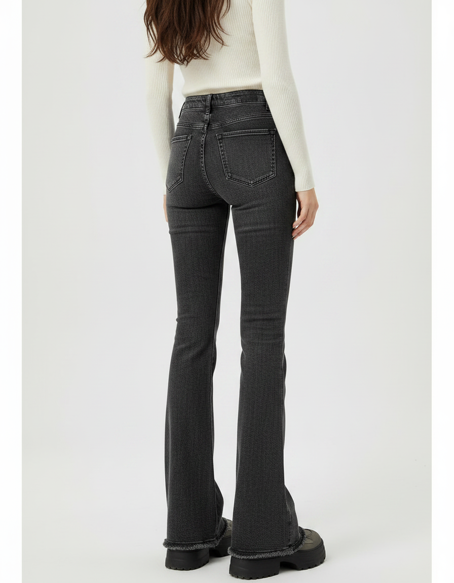 Pantalon Patte D'Éléphant Gris Effiloché Taille Haute Denim - Jean - vue 2