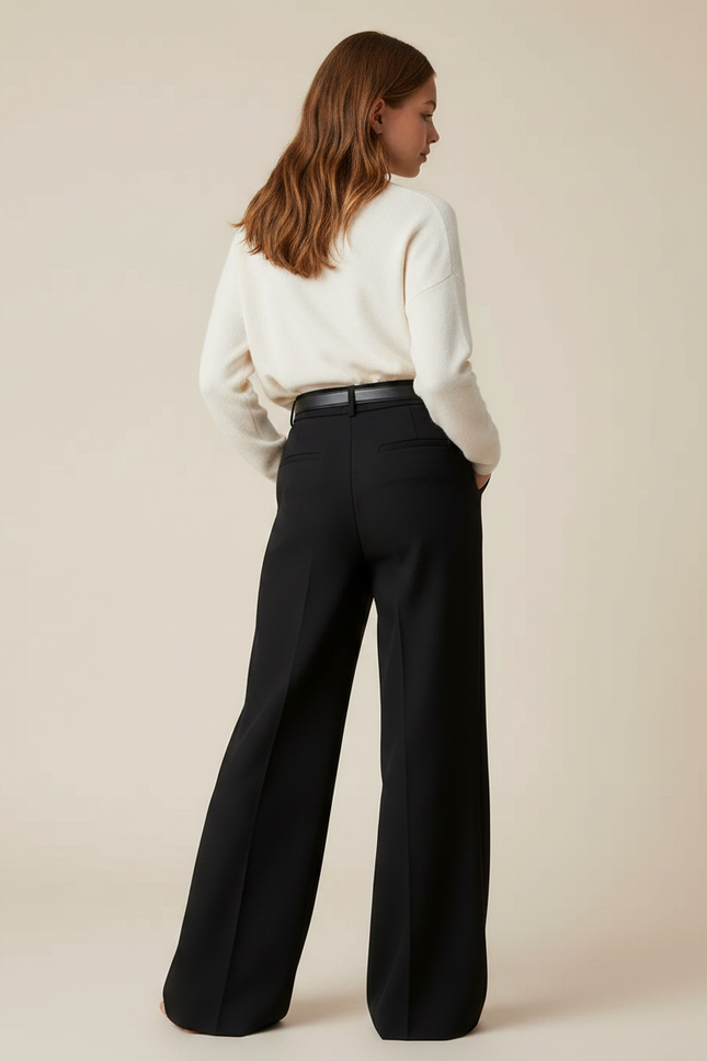 Pantalon Patte D'Éléphant Noir Plissé Taille Haute Élégant - Gabardine - vue 2
