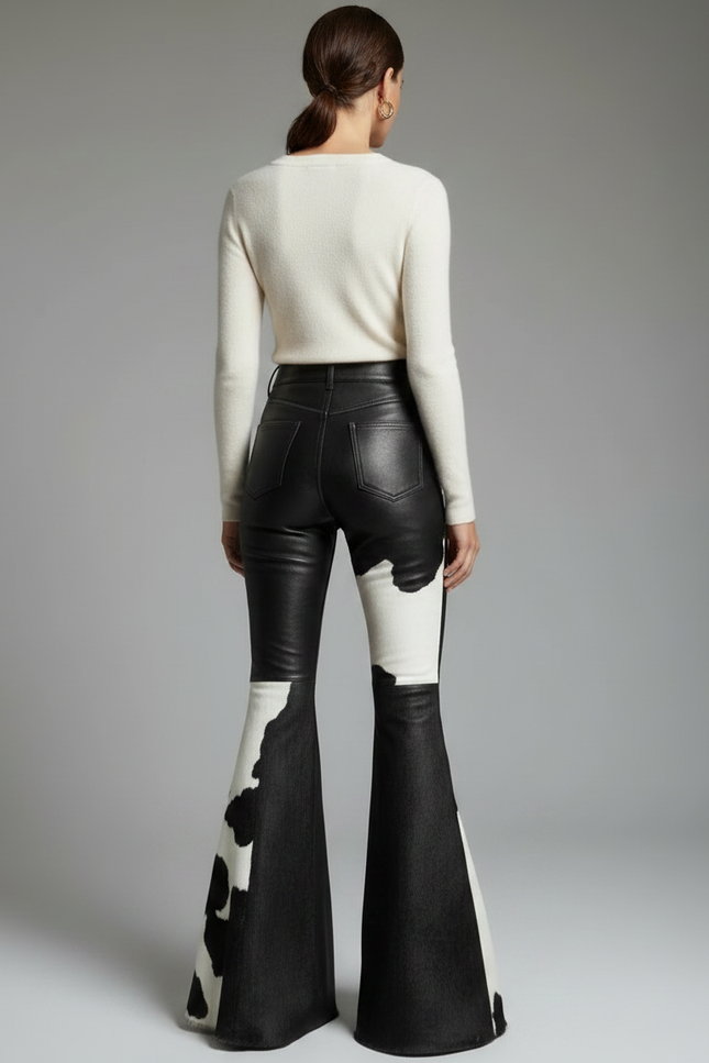 Pantalon Patte D'Éléphant Noir Blanc Imprimé Vache Cuir Évasé - vue 2