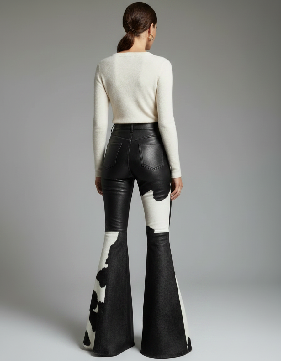 Pantalon Patte D'Éléphant Noir Blanc Imprimé Vache Cuir Évasé - vue 2