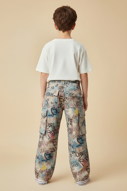 Pantalon Patte D'Éléphant Imprimé Graffiti Ample Garçon Décontracté - Lin - vue 2