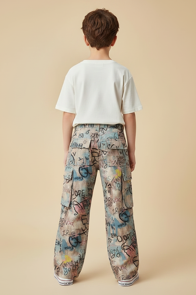 Pantalon Patte D'Éléphant Imprimé Graffiti Ample Garçon Décontracté - Lin - vue 2
