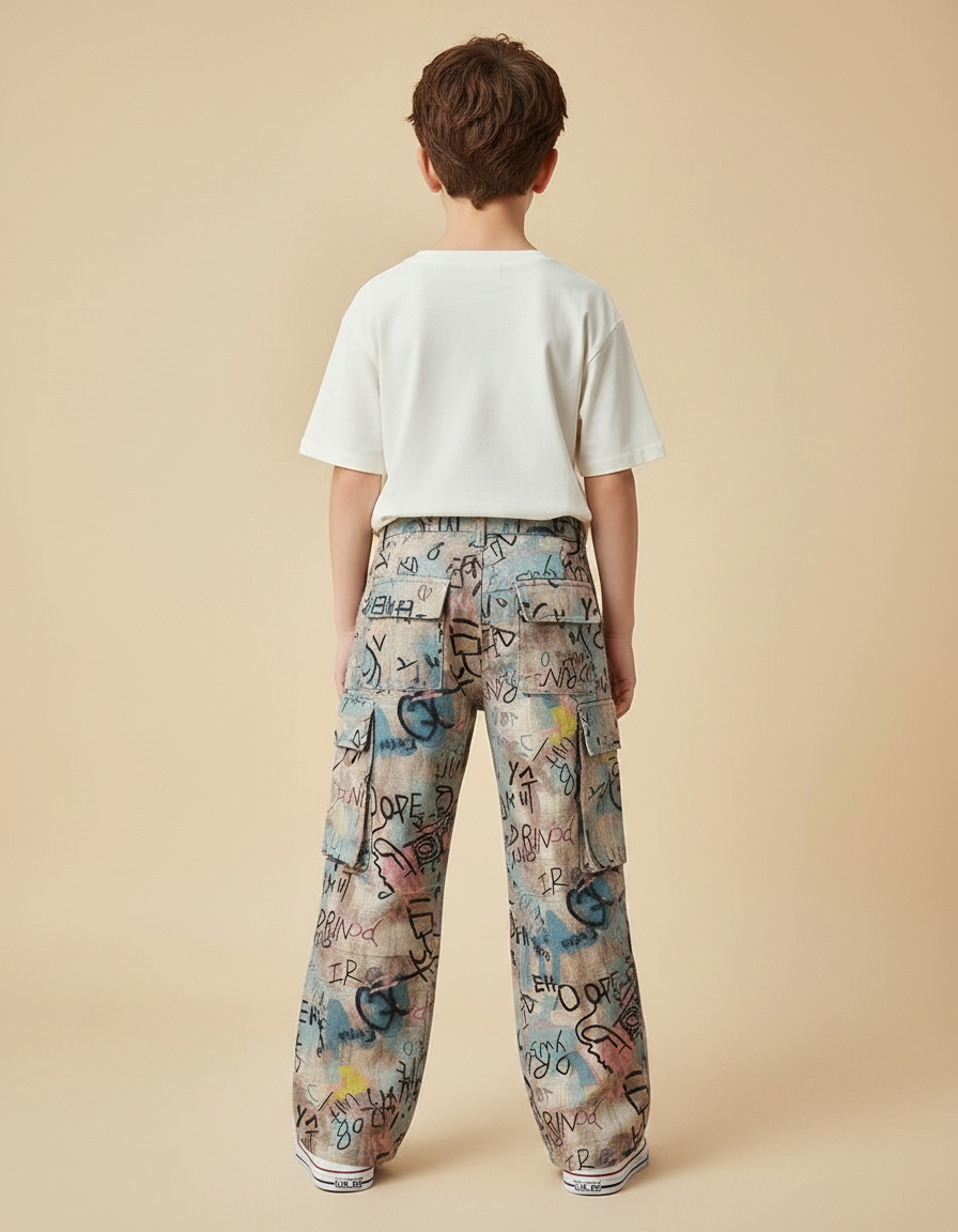 Pantalon Patte D'Éléphant Imprimé Graffiti Ample Garçon Décontracté - Lin - vue 2
