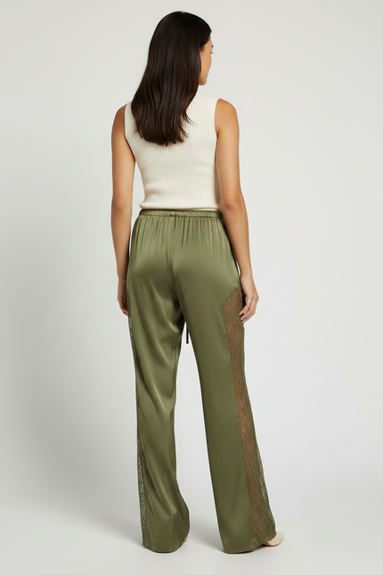 Pantalon Patte D'Éléphant Vert Satiné Dentelle Fluide Élégant - vue 2