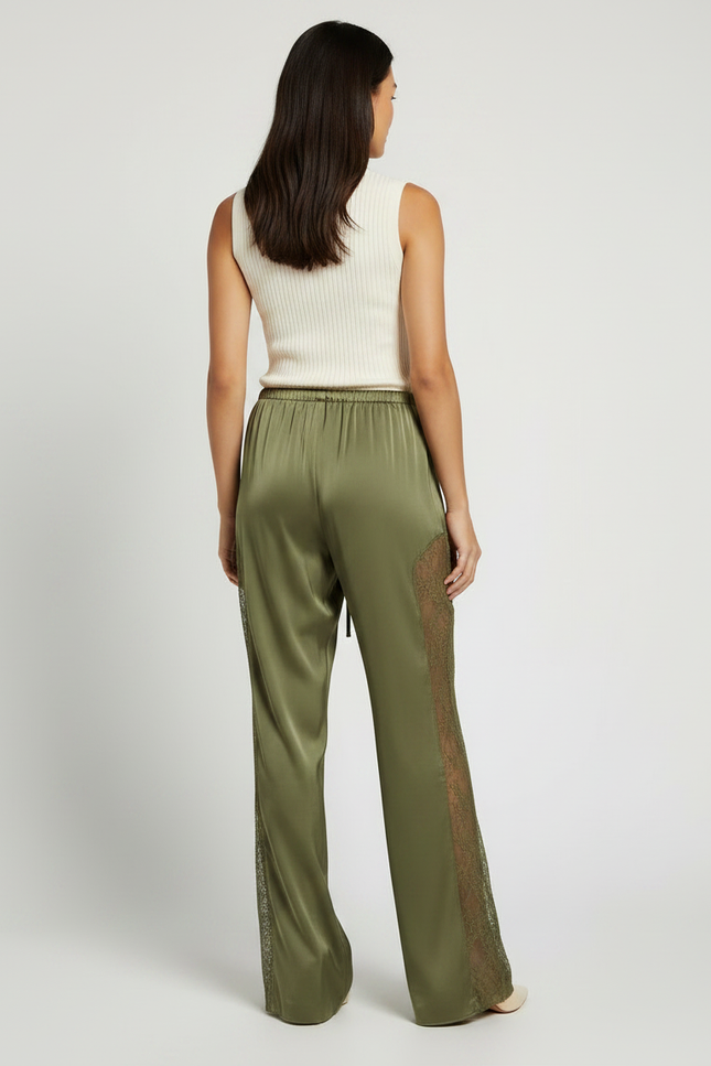 Pantalon Patte D'Éléphant Vert Satiné Dentelle Fluide Élégant - vue 2